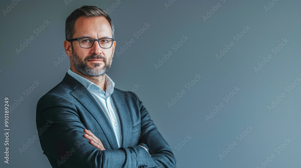 Businessman with folded arms, neutral background, Copy space, Determined leadership Businessman with folded arms, neutral background, Copy space, Determined leadership