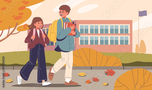 Two Schoolchildren Walking To School On A Fall Day. Cartoon Vector Students Are Happily Chatting And Carrying Backpacks