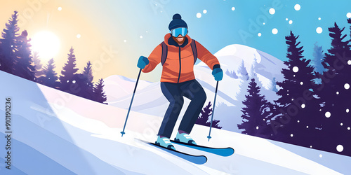 Cheering Man Skiing on a Slope: Front View for Advertising Campaign photo