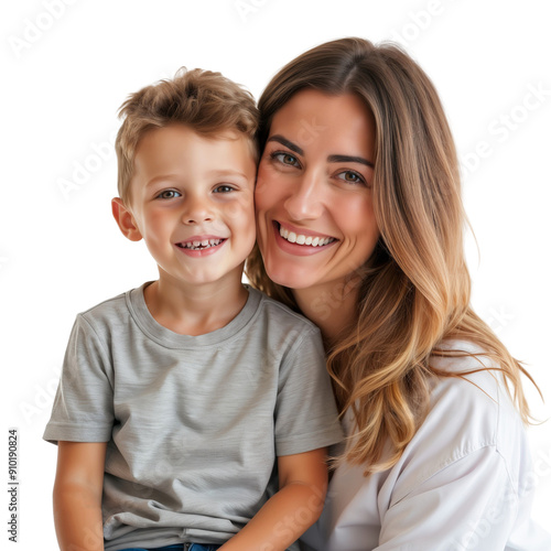 Smiling mother hugging and having fun with her child, family relationship and motherhood concept, isolated on transparent background