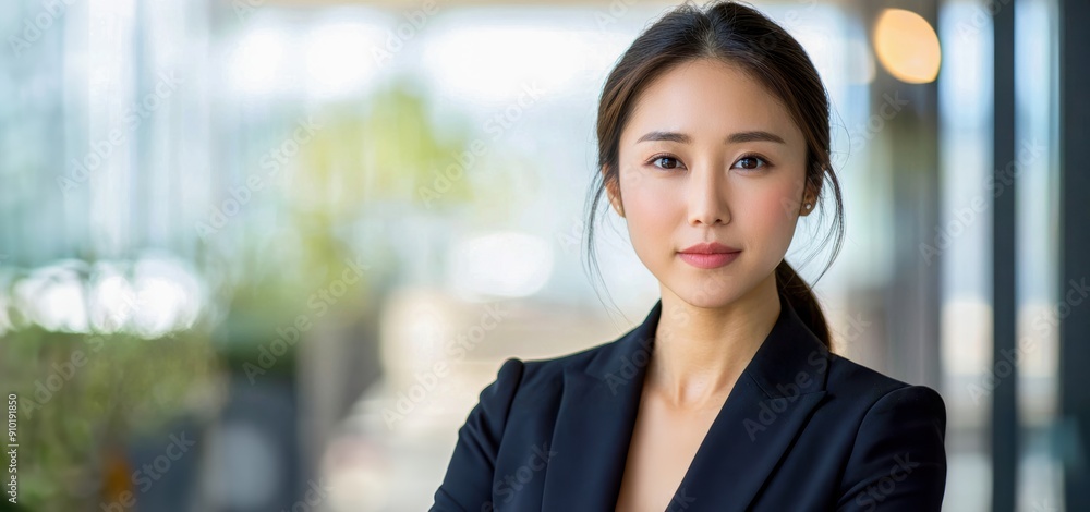 Elegant Asian businesswoman in a sleek outfit, modern office background, poised and professional, Portrait, Business elegance Elegant Asian businesswoman in a sleek outfit, modern office background, poised and professional, Portrait, Business elegance