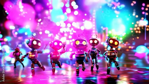 Quirky robots dancing in a colorful futuristic nightclub. concept of fun and technology