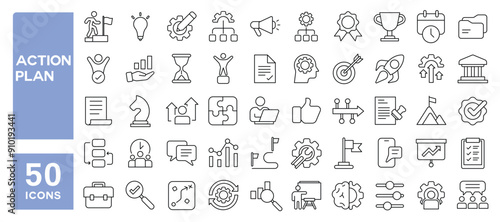 Set of 50 line icons related to action plan, schedule, task, strategy, analysis, target, goal, planning, implementation, Editable stroke. Vector illustration