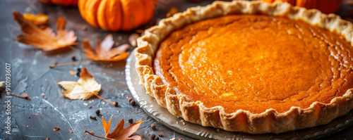 freshly baked pumpkin pie on a rustic wooden table. The pie has a golden, flaky crust and a rich, savory filling. traditional autumn pumpkin pie. photo