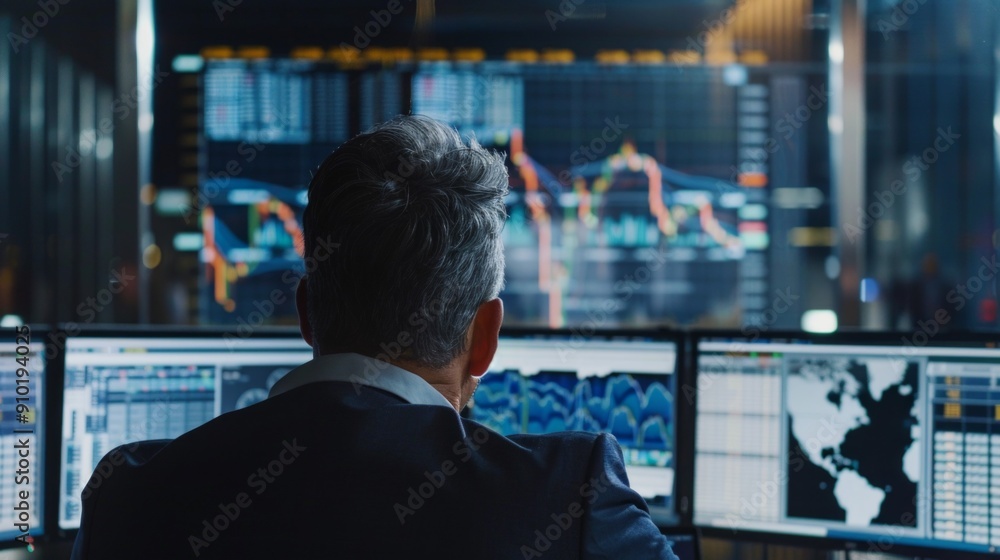 Fototapeta premium a mature businessman in a corporate setting studying charts and finance documents