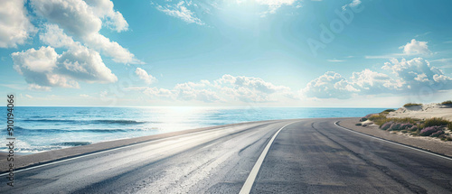 Scenic Coastal Road Winding Through a Beautiful Landscape with a Blue Sky and White Clouds, Scenic Coastal Road Winding Through a Beautiful Landscape with a