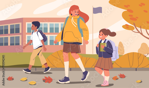 Cheerful Schoolchildren Walking To School On A Sunny Autumn Day. Cartoon Vector Students Are Wearing Backpacks