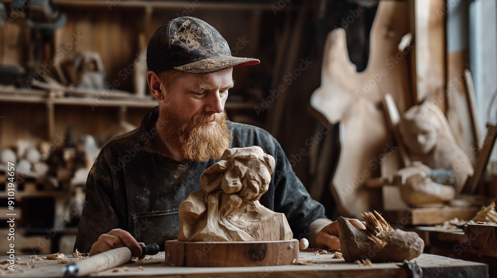 Woodworker carving a sculpture in a workshop, rustic and skillful Woodworker carving a sculpture in a workshop, rustic and skillful