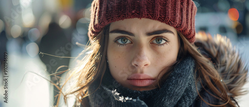 Closeup Portrait of a Woman with Blue Eyes and  Red Knit Hat photo