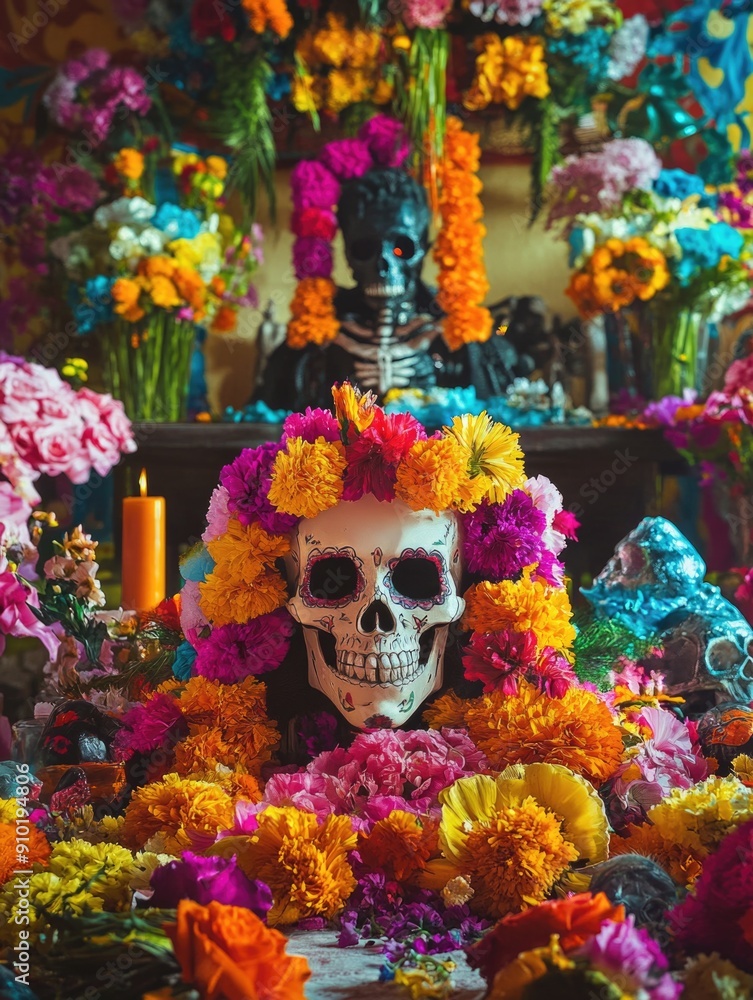 A skull surrounded by vibrant flowers and candles, often used in decorative or symbolic contexts A skull surrounded by vibrant flowers and candles, often used in decorative or symbolic contexts