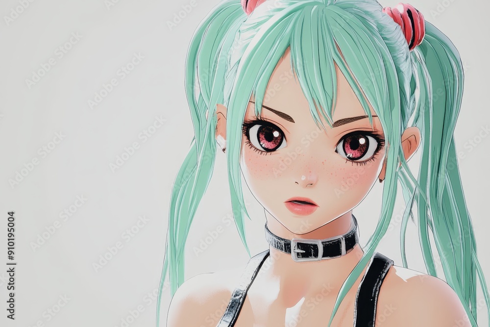 Naklejka premium Anime-style girl with turquoise hair, pink eyes, and pigtails, wearing a choker and black outfit, detailed digital illustration.