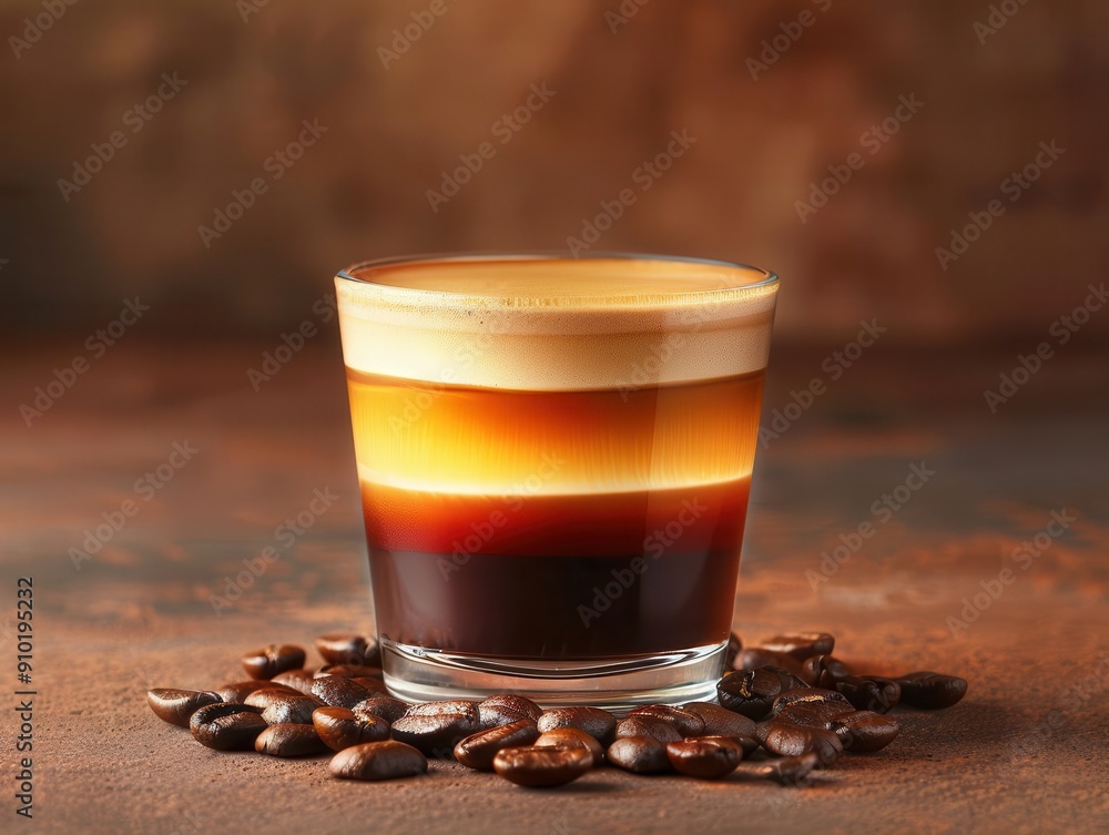 Italian macchiato in a clear glass, coffee layers visible, on a background of beans Italian macchiato in a clear glass, coffee layers visible, on a background of beans