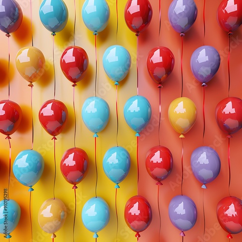 Festive event decor featuring paper balloons in vibrant primary colors arranged in a pattern.. photo