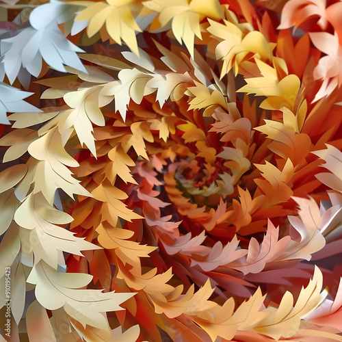 A swirling design of autumn-colored paper leaves for festive decor.. photo