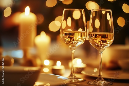 Romantic Valentine's Day Dinner Setting with Candles and Wine Glasses, Bokeh Effect, Wide Depth of Field, Sony FE 24mm f/5.6 and 30mm Lens at F8 photo