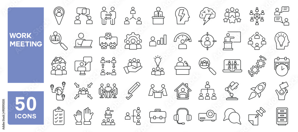 Set of 50 line icons related to work meeting, conference, brainstorm, communication, presentation, office, business, management, Editable stroke. Vector illustration Set of 50 line icons related to work meeting, conference, brainstorm, communication, presentation, office, business, management, Editable stroke. Vector illustration