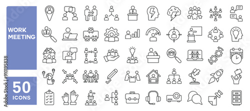 Set of 50 line icons related to work meeting, conference, brainstorm, communication, presentation, office, business, management, Editable stroke. Vector illustration