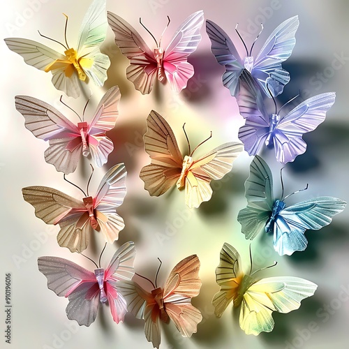 Paper butterflies in a vibrant rainbow gradient, beautifully arranged for event decorations.. photo