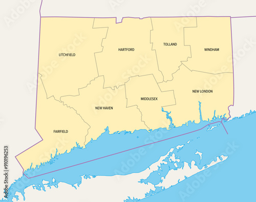 Connecticut, U.S. state, subdivided into 8 counties, political map with borders and county names. State in the New England region of Northeastern United States nicknamed The Constitution State.