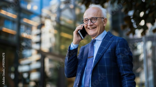 Senior businessman outdoors. Middle-aged businessman talking to the phone walking outside an office building in London with modern architecture.