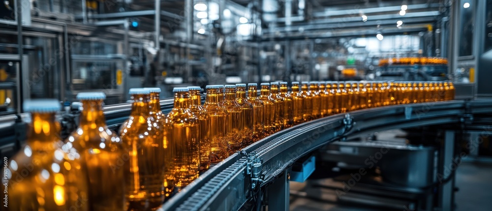 Fototapeta premium A detailed view of a factory line featuring amber glass bottles in a modern production environment, showcasing industrial efficiency.