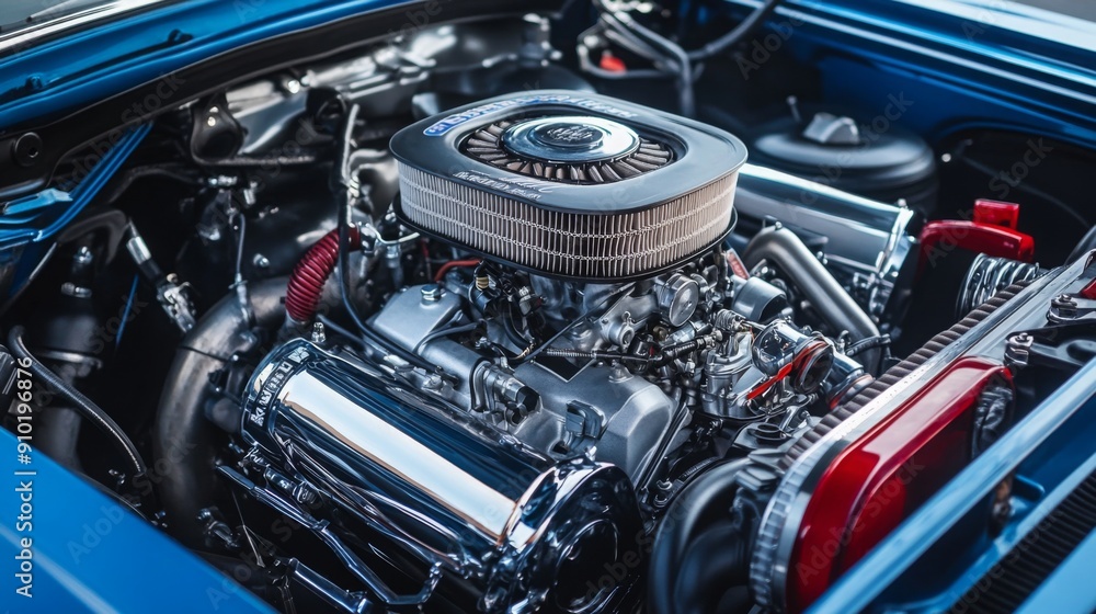 A powerful classic car engine features polished chrome and red accents, showcasing intricate mechanical details and performance enhancements under the hood. A powerful classic car engine features polished chrome and red accents, showcasing intricate mechanical details and performance enhancements under the hood.