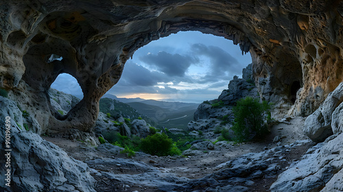 Cave Entrance with Mountain View Realistic Image