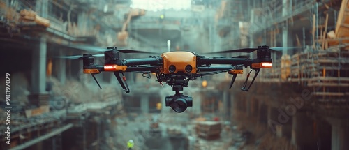 Aerial drone capturing footage over a modern construction site, showcasing technology and innovation in urban development.