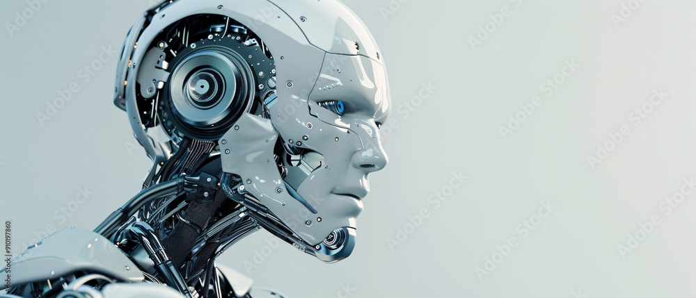 Closeup of a Humanoid Robot with Visible Mechanical Parts and Blue Eyes, Closeup of a Humanoid Robot with Visible Mechanical Parts and Bl Closeup of a Humanoid Robot with Visible Mechanical Parts and Blue Eyes, Closeup of a Humanoid Robot with Visible Mechanical Parts and Bl