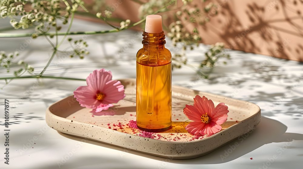 Glass Dropper Bottle with Flowers on Tray - Still Life Photo Glass Dropper Bottle with Flowers on Tray - Still Life Photo