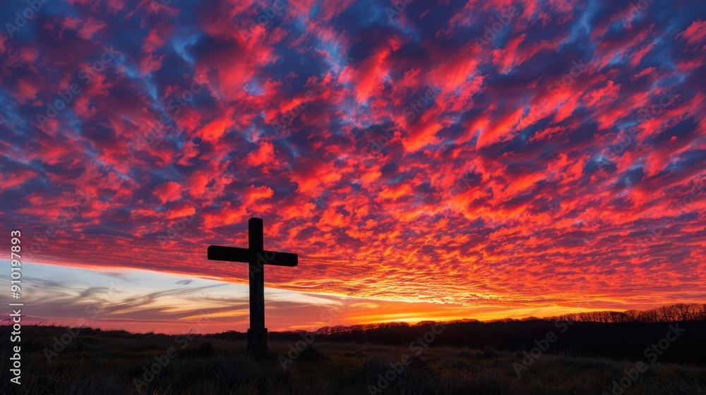 Cross silhouette against a colorful sunset sky. 