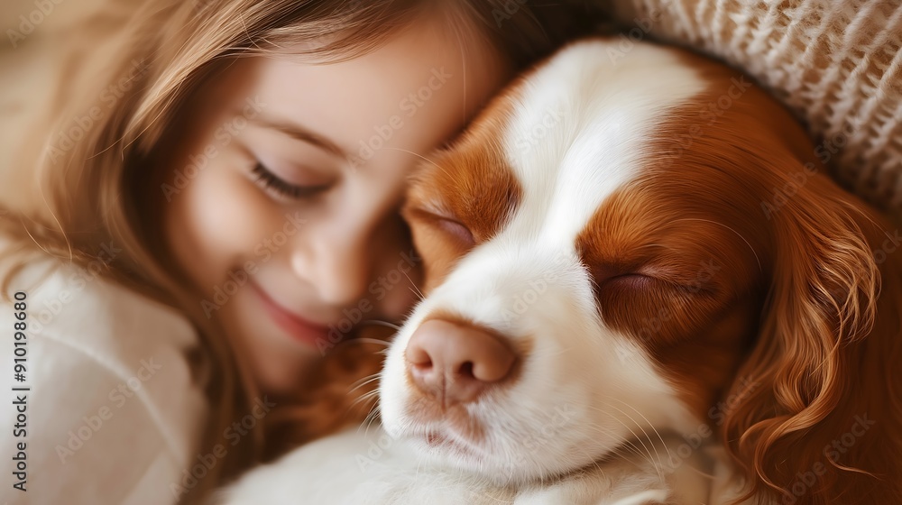 8. **An affectionate Cavalier King Charles Spaniel resting its head on a child's lap, both smiling warmly 8. **An affectionate Cavalier King Charles Spaniel resting its head on a child's lap, both smiling warmly