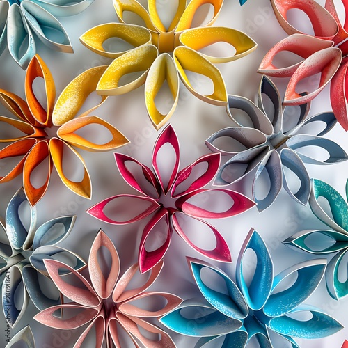 An array of vibrant paper ornaments arranged in a festive decor pattern.. photo