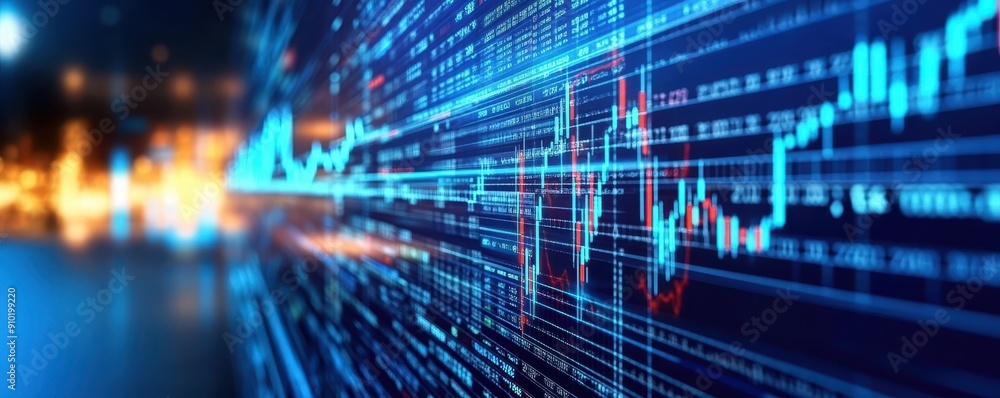 Futuristic Virtual Stock Analysis in Corporate Setting with Augmented Reality Displays in Blue Tones Futuristic Virtual Stock Analysis in Corporate Setting with Augmented Reality Displays in Blue Tones