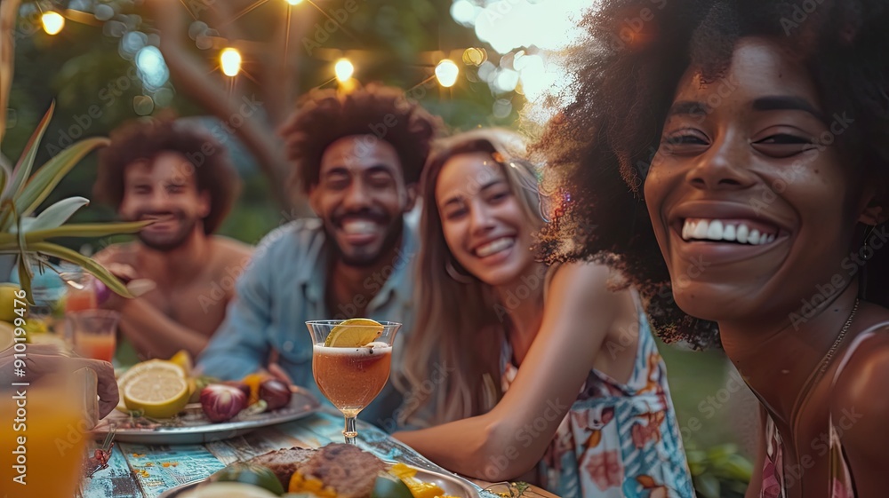 A joyful scene of a diverse group of young friends smiling and enjoying a meal together outdoors A joyful scene of a diverse group of young friends smiling and enjoying a meal together outdoors