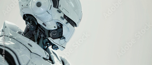 Futuristic White Robot Head Closeup, Cyborg, Artificial Intelligence, Artificial Intellig photo