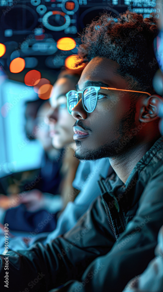 Fototapeta premium A man with glasses is looking at a screen