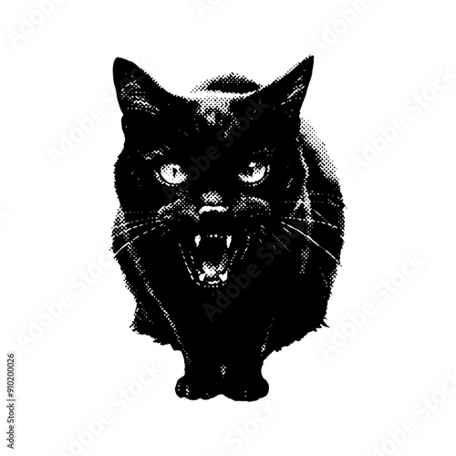 Halftone ghost,black cat hissing Halloween collage element. Isolated on white background.