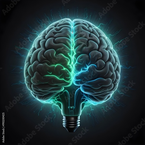 Green and blue brain lightblub, with swirling lines to symbolize brainstorming, smart thinking and bright ideas on a black canvas photo