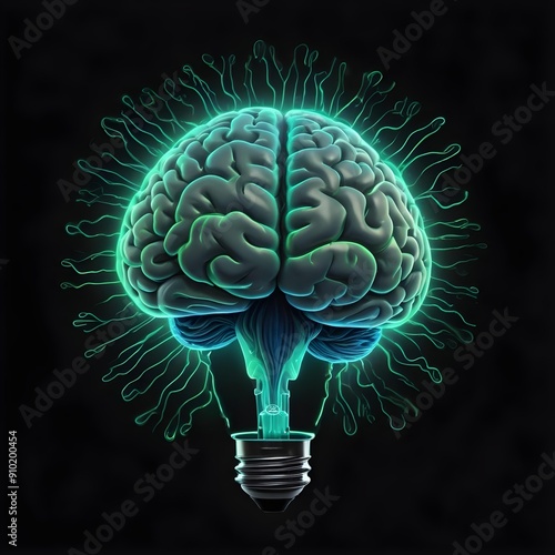 Green and blue brain lightblub, with swirling lines to symbolize brainstorming, smart thinking and bright ideas on a black canvas