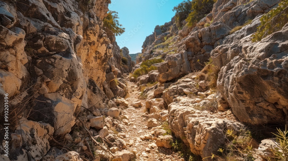 Obraz premium A narrow hiking trail through a rocky terrain.