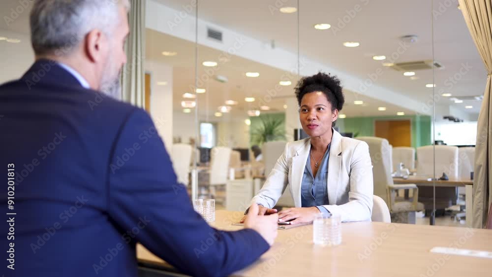 African American businesswoman welcoming her experienced business partner at the start of their meeting African American businesswoman welcoming her experienced business partner at the start of their meeting