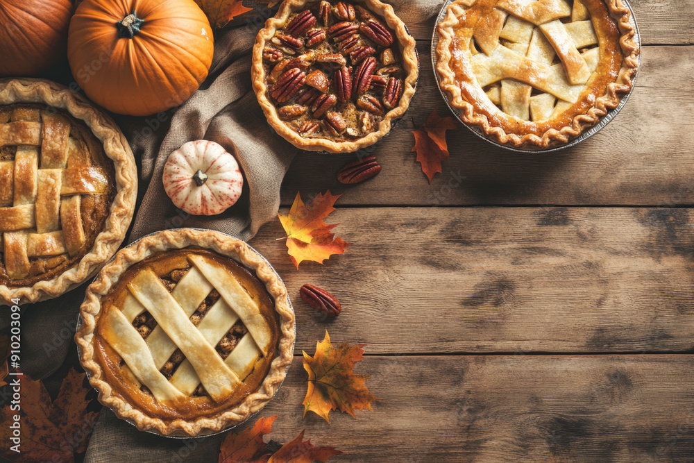 Variety of traditional homemade autumn pies, pumpkin, apple and pecan on a rustic background, overhead shot