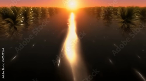 Magical Sunset Over Fantasy Lake: 4K Animation with Sparkling Waters and Fireflies
