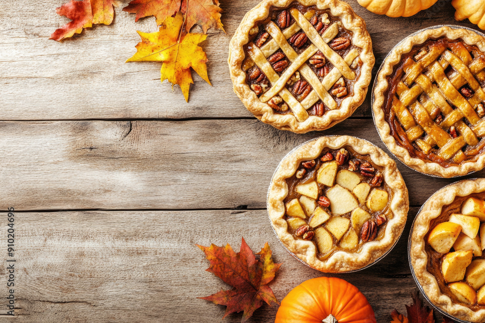 Fototapeta premium Variety of traditional homemade autumn pies, pumpkin, apple and pecan on a rustic background, overhead shot