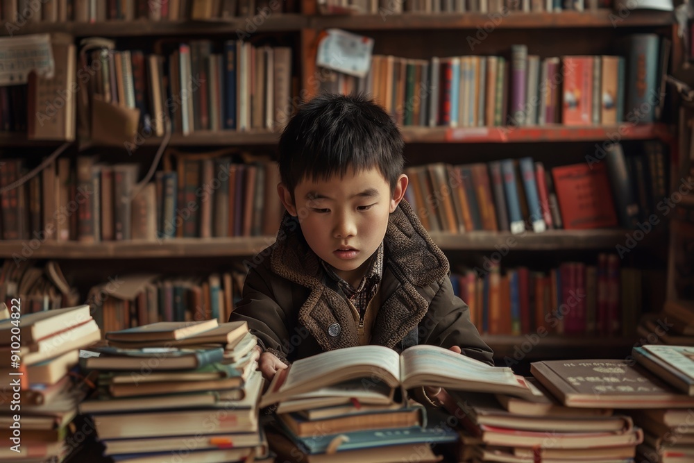 Focused Chinese Student Studying Independently in a Quiet School Library Surrounded by Books Focused Chinese Student Studying Independently in a Quiet School Library Surrounded by Books
