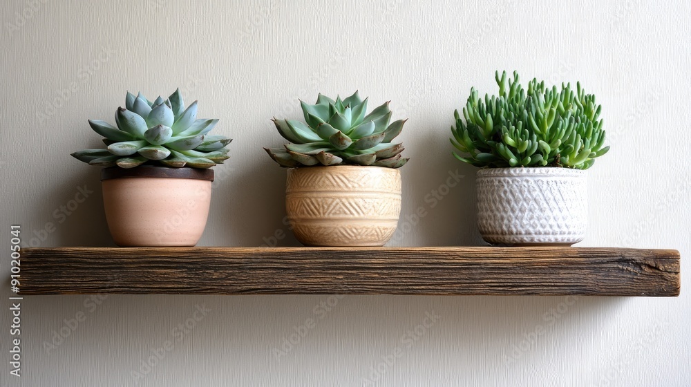 A wooden shelf adorned with three ceramic pots containing succulents, bringing a natural and aesthetic appeal to the space A wooden shelf adorned with three ceramic pots containing succulents, bringing a natural and aesthetic appeal to the space