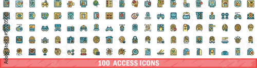 100 access icons set. Color line set of access vector icons thin line color flat on white