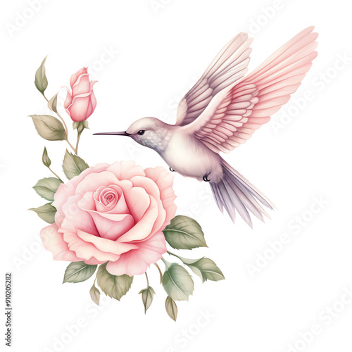 Illustration of a graceful hummingbird feeding from a blooming pink rose with delicate green leaves. Perfect for nature and floral themes.