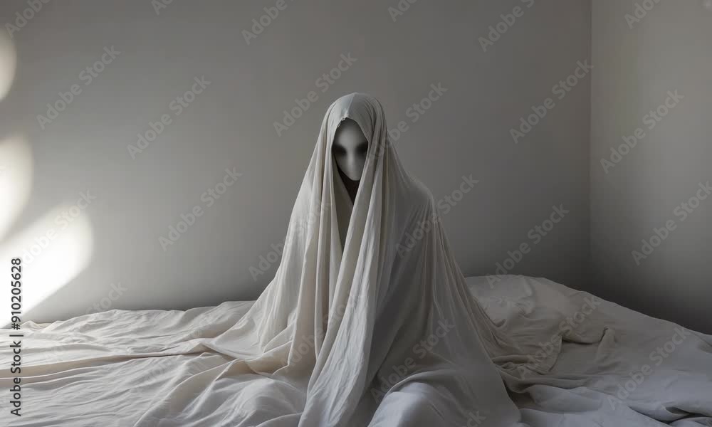 Figure covered in white sheet sits on bed dimly lit room Figure covered in white sheet sits on bed dimly lit room